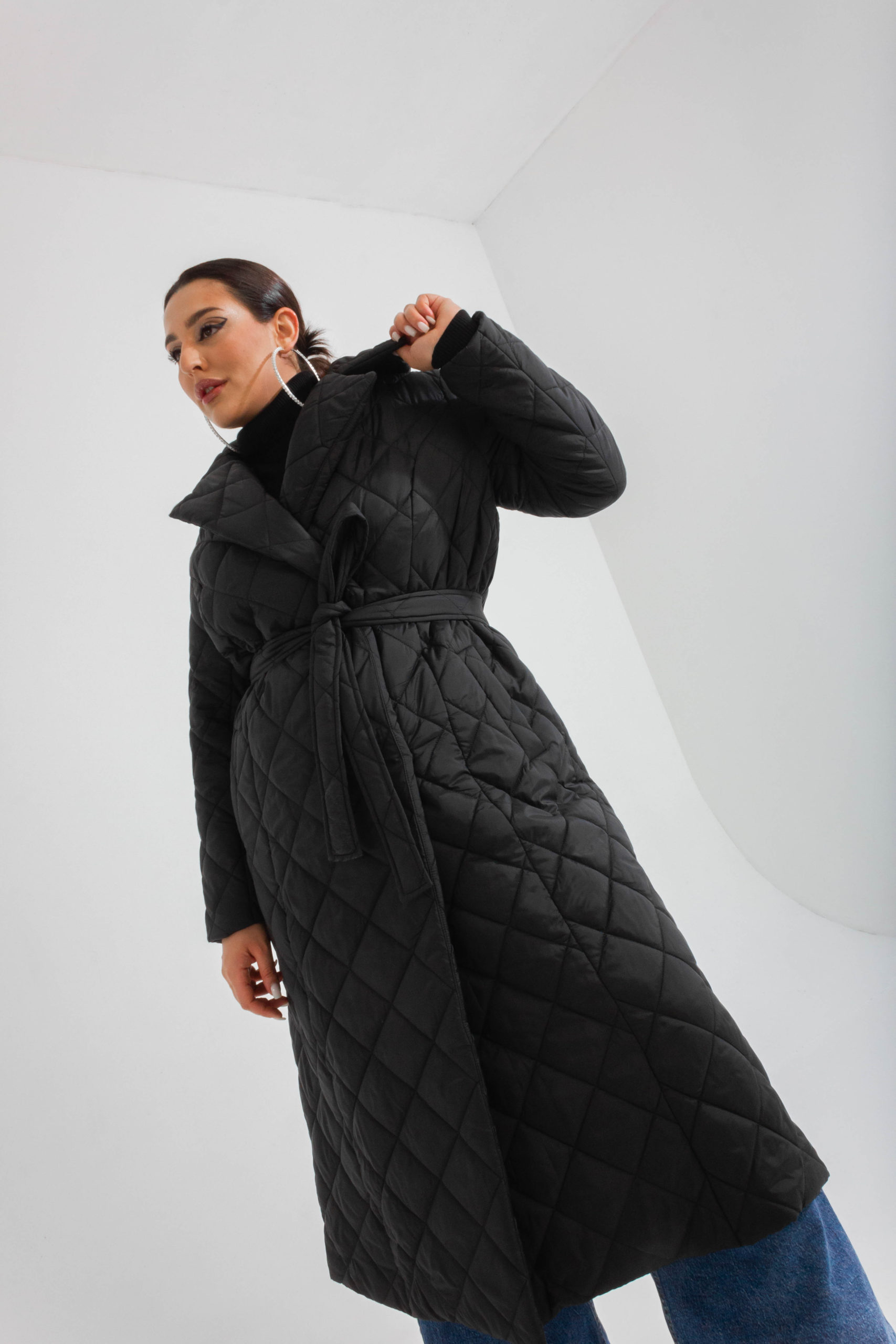 Черное стеганое утепленное пальто большого размера STELLA